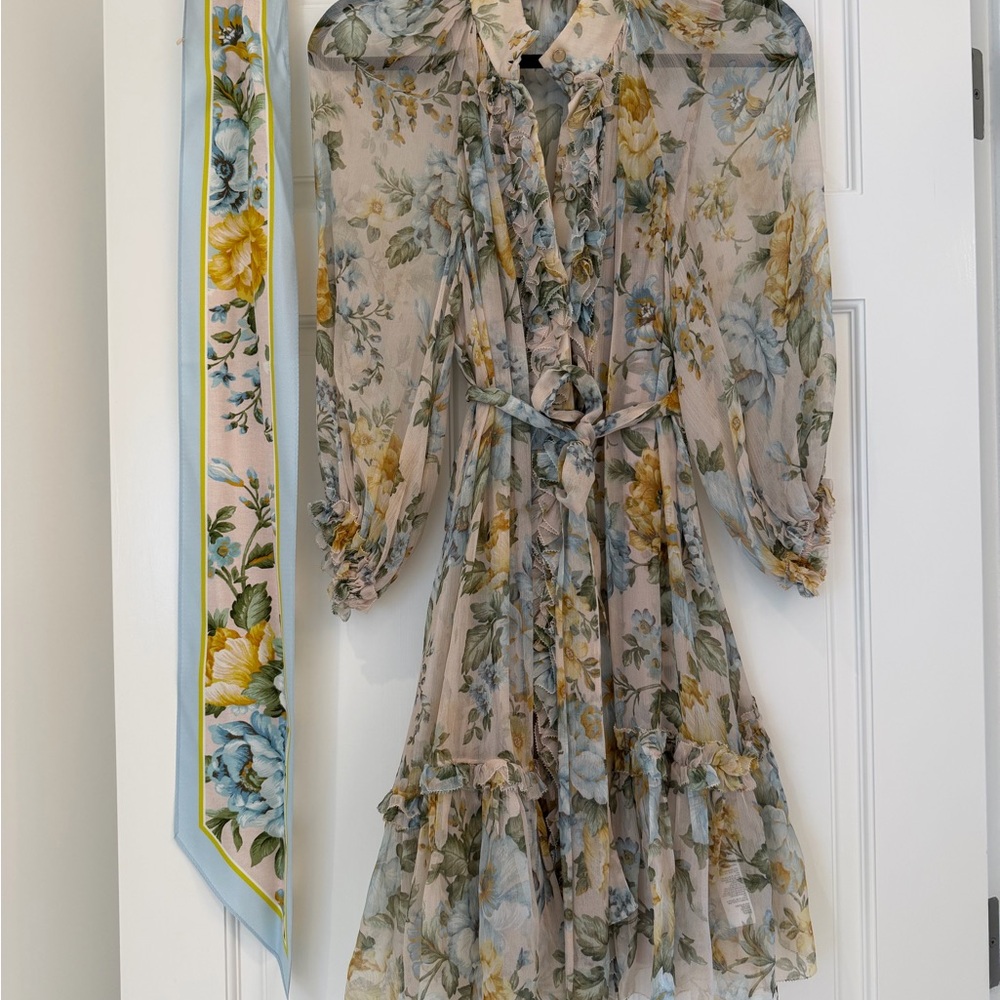 Zimmermann Floral Long Sleeve Dress with Scarf